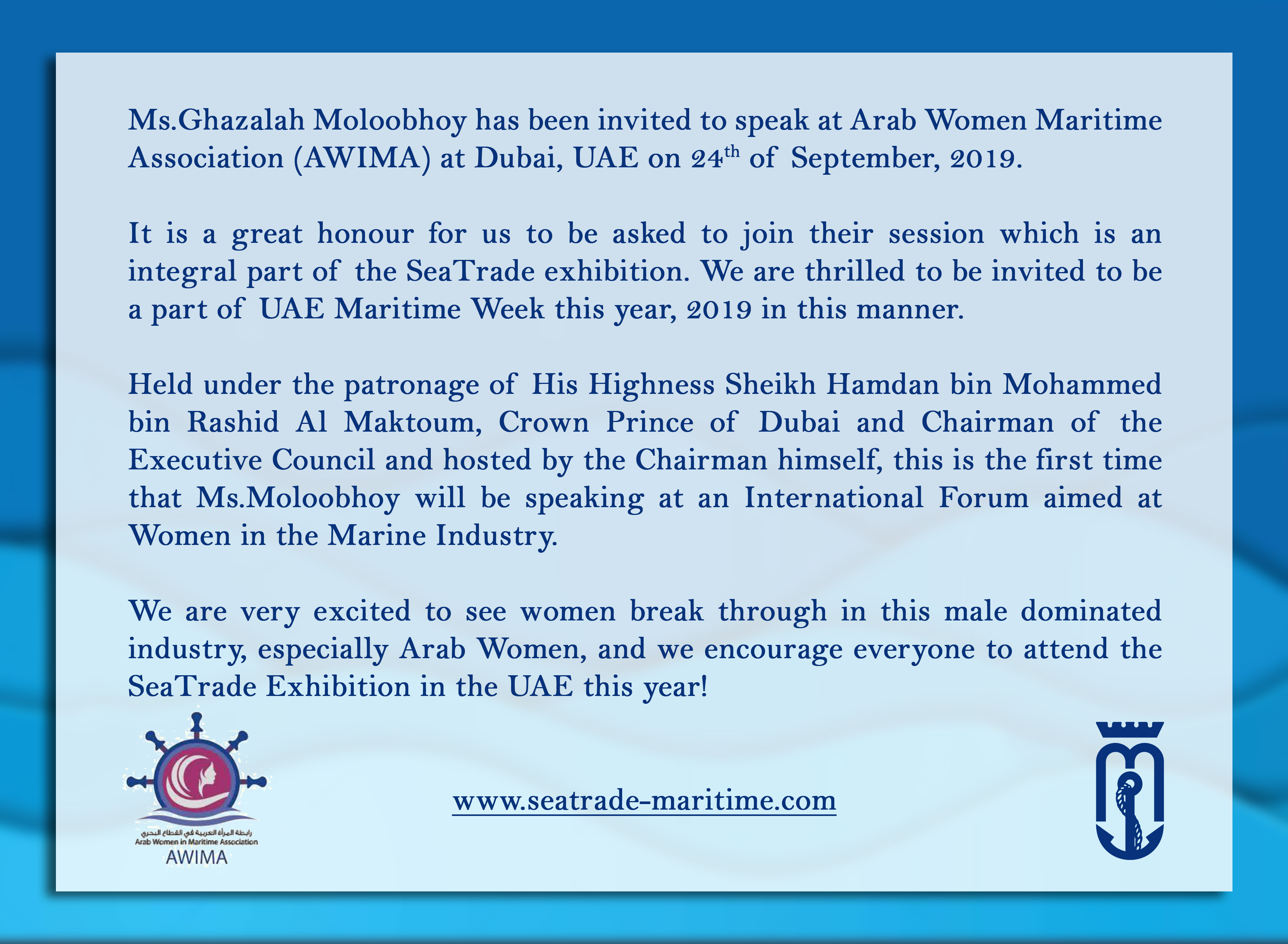Invitation to speak at Arab Women in Maritime Association (AWIMA)